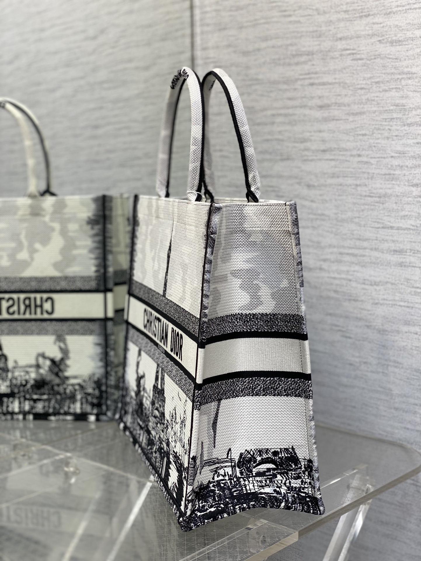 Large Dior Book Tote Bag White and Black Paris Embroidery